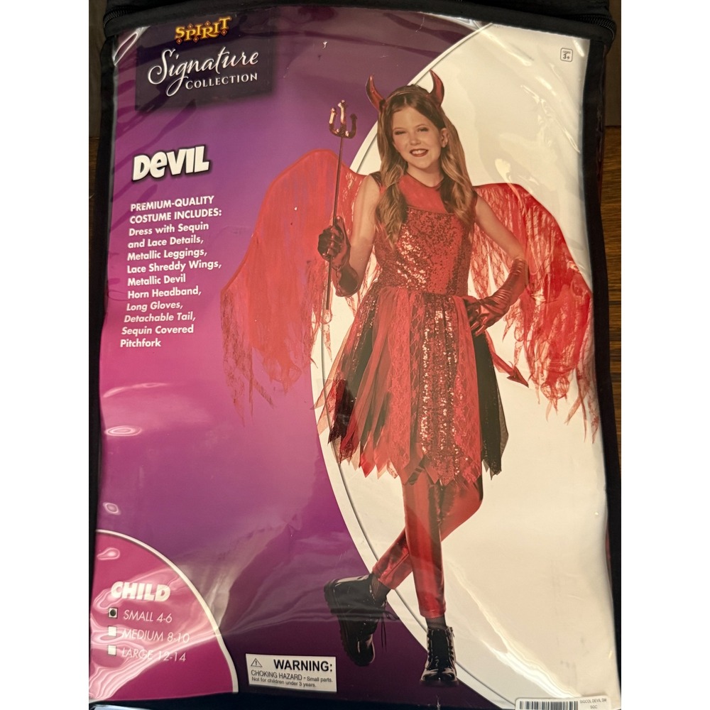 Spirit Devil Costume Kids Size 4-6 Red Sequin Lace Wings Leggings Headband